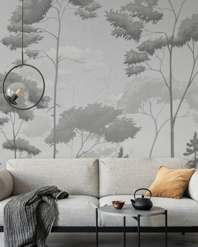 Fototapet cu o pădure scandinavă în tonuri de gri, creând un ambient calm și elegant.