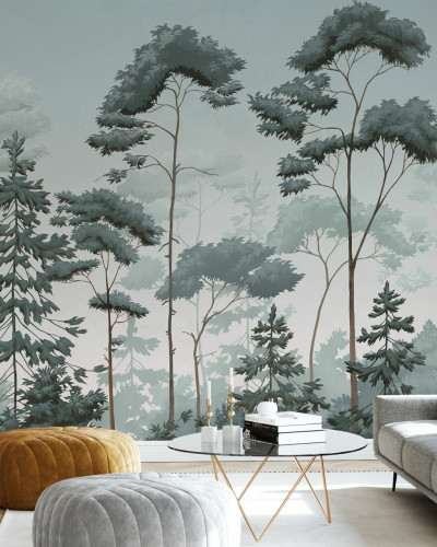 Fototapet cu design scandinav de pădure verde-albastră într-o sufragerie modernă