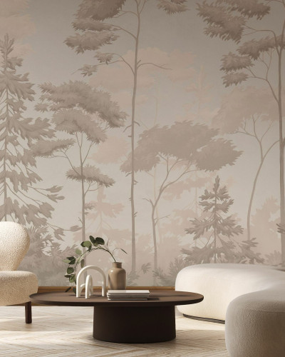 Fototapet cu pădure scandinavă în tonuri sepia, decor interior