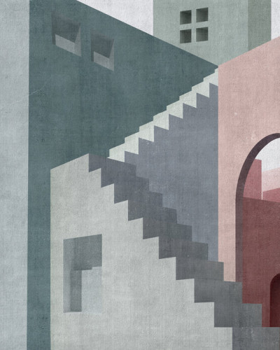 Wallpaper geometric abstract cu scări și arcade, ce aminteste de arhitectura urbană a Marocului.