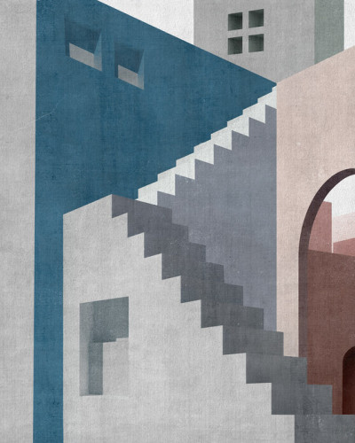 Tapetul Moroccan City III cu design abstract, cu clădiri în culori calde, pe un perete dintr-o cameră de zi, decorată modern.