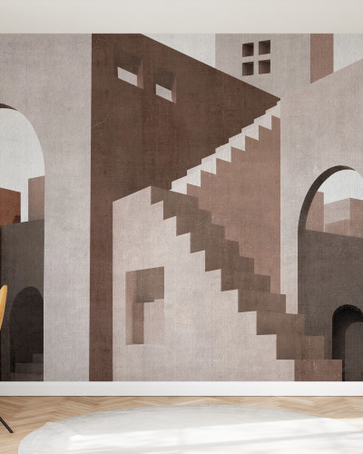 Tapet Moroccan City IV, cu un design geometric al arhitecturii marocane, reprezentand arcade elegante, scarile in spirala si pereti in tonuri calde