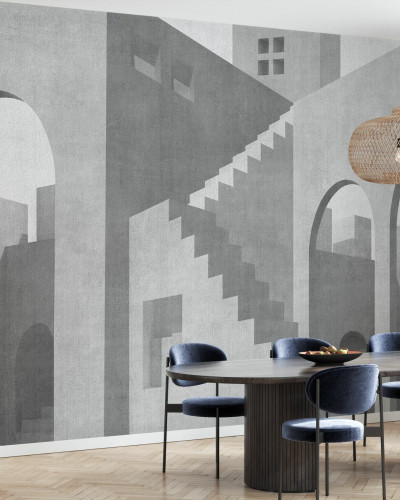 Tapet Moroccan City V, cu design minimalist, modern și paletă de culori monocromă.