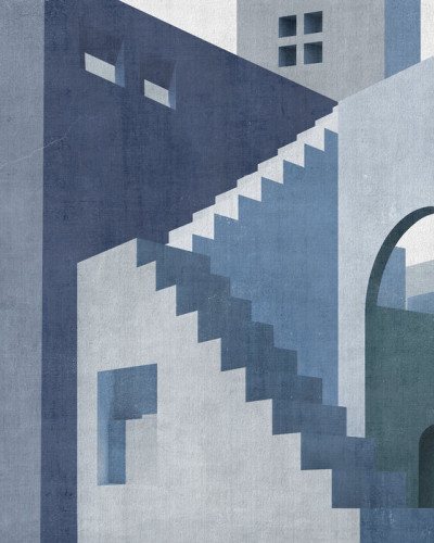 Tapet Moroccan City VI cu design abstract, arcuri și scări, în nuanțe de albastru și gri.