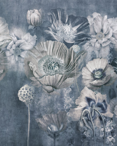 Maki Maki Blue, wallpaper floral cu design minimalist in nuante delicate de albastru