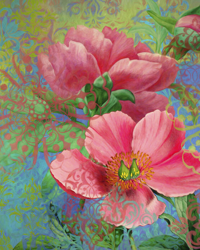 Tapet Arabesque Flowers cu flori roz pastelate pe un fundal vibrant, perfect pentru a decora dormitorul, livingul sau holul.