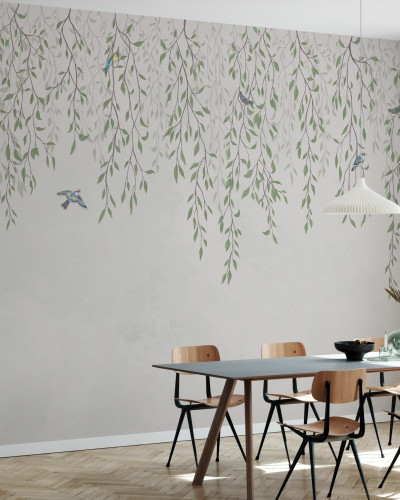 Tapet cu ramuri delicate si pasari delicate, intr-un decor elegant