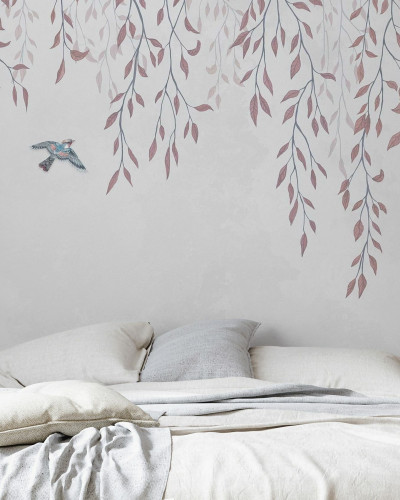 Wallpaper cu ramuri delicate și frunze roz pal