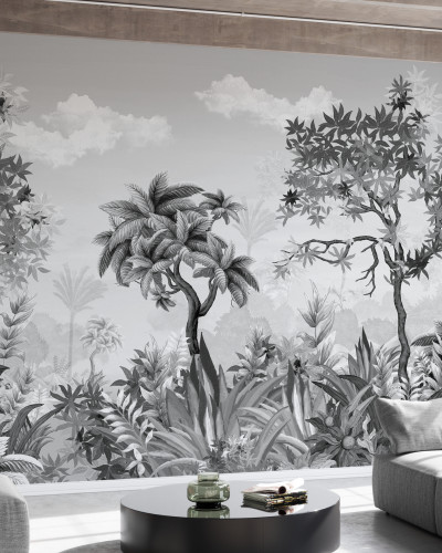 Tapet Jungleland III - Imaginea prezintă un tapet în nuanțe de gri, cu o imagine a junglei tropicale, decorând un living modern.