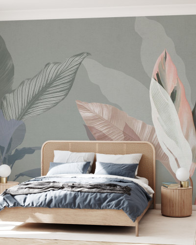 Tapet Wild Bouquet V cu frunze mari, elegante, într-o schemă de culori delicate.