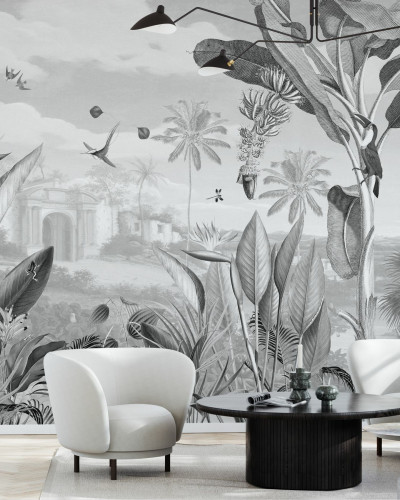 Tapet Botanical Beauty - BW cu design tropical monocrom, cu palmieri, păsări exotice și maimuțe, toate desenate cu detalii fine.