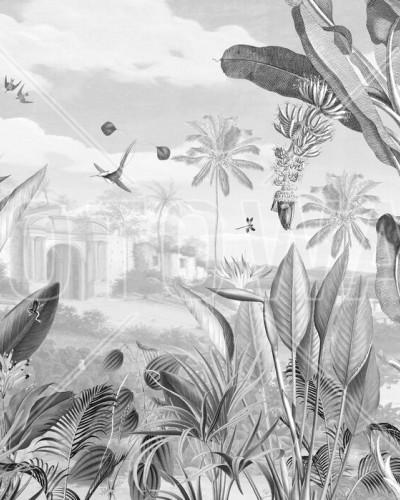 Tapet Botanical Beauty - BW cu design tropical monocrom, cu palmieri, păsări exotice și maimuțe, toate desenate cu detalii fine.
