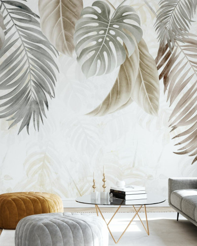 Tapet cu frunze de palmier, design modern, culori neutre