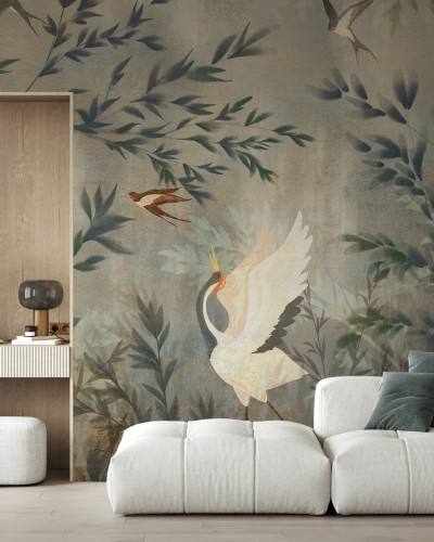 Fototapet cu design elegant, păsări și vegetație