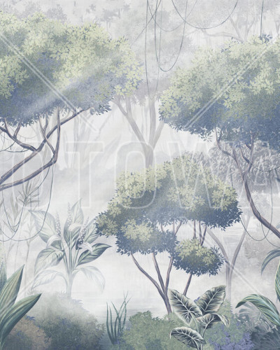 Tapet cu design tropical, Tropical Woodland II, cu frunze și copaci luxuriante în culori pastelate.