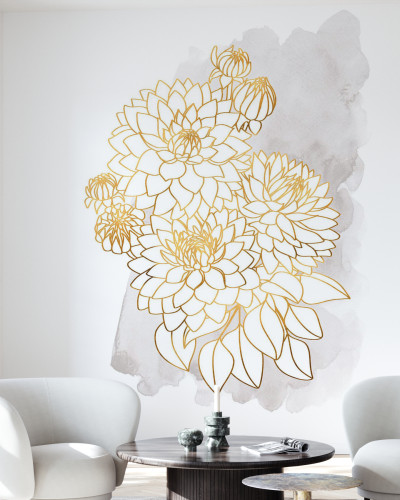 Tapet decorativ cu flori aurii pe un fundal gri-roz, ideal pentru a crea un punct focal într-o cameră