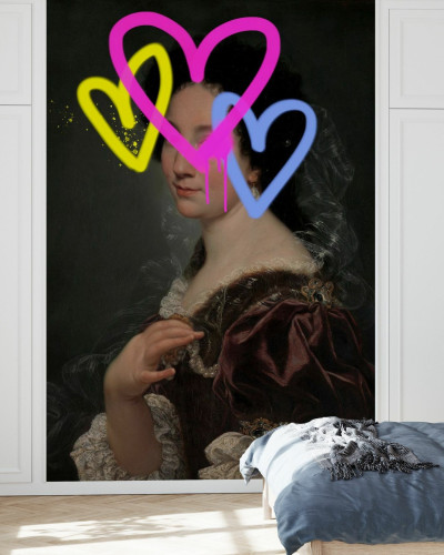 Tapet foto Concealed Portrait II - un portret elegant al unei femei din secolul XVIII-lea cu inimi colorate.
