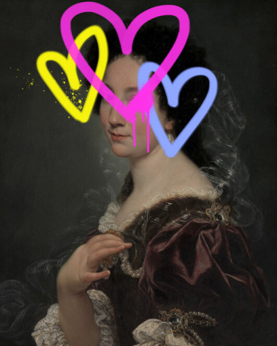 Tapet foto Concealed Portrait II - un portret elegant al unei femei din secolul XVIII-lea cu inimi colorate.
