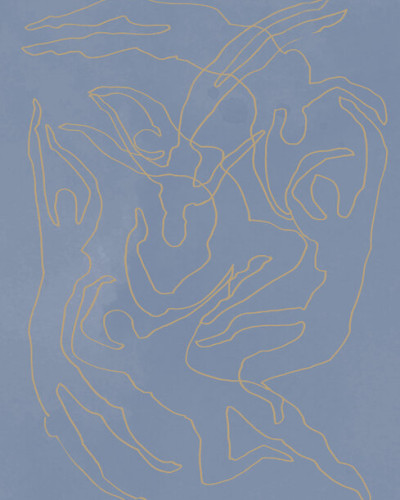Tapet Blue Swimmers, cu design minimalist, cu linii fine aurii pe un fundal albastru delicat, aplicat intr-un living.