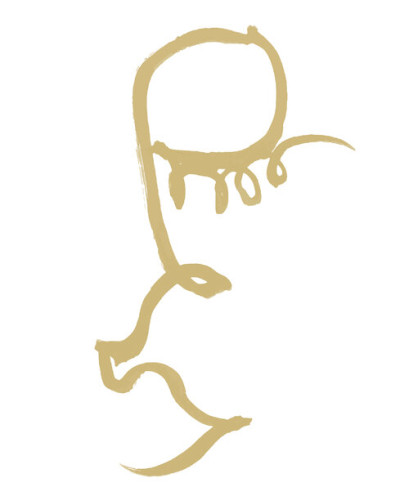 Half Face, Gold tapet minimalist cu o jumătate de față pictată în aur pe un perete alb într-un interior modern.