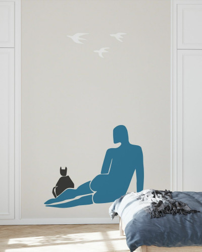 Wallpaper cu o femeie și o pisică, desenat în stil minimalist