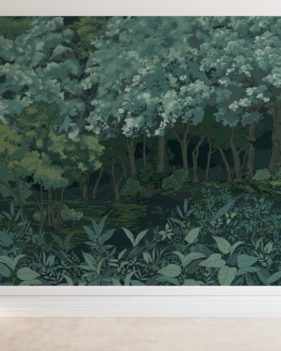 Tapet cu design modern, minimalist, Green Forest in the Moon Light. Imaginea prezinta o padure intunecata in lumina lunii.