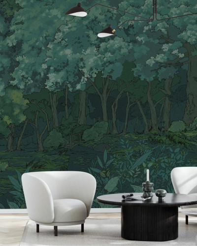 Tapet cu design de pădure noaptea, cu culori verzi și detalii complexe