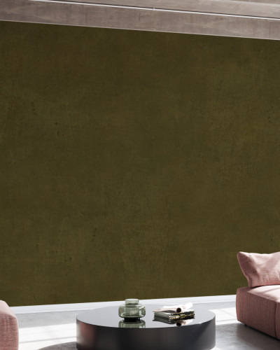 Tapet foto cu design de piatră veche, de culoare verde decolorată, aplicat pe un perete din living.