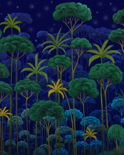 Tapetă cu design Midnight Jungle, care prezintă o pădure tropicală nocturnă cu copaci înalți, verzi și o lună strălucitoare pe un fundal de cer nopții.