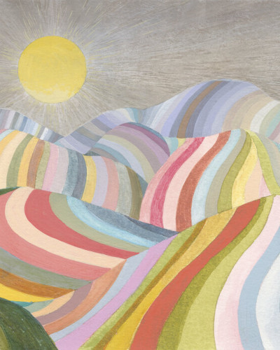 Tapet cu model abstract de dealuri colorate sub un soare cald