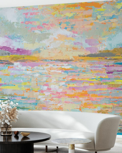 Tapet Ocean Sunrise, cu un răsărit de soare abstract, pictat în nuanțe pastelate