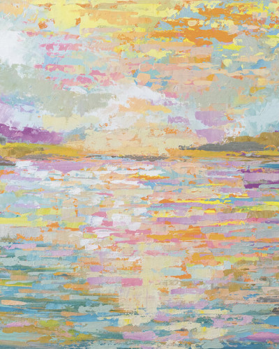 Tapet Ocean Sunrise, cu un răsărit de soare abstract, pictat în nuanțe pastelate