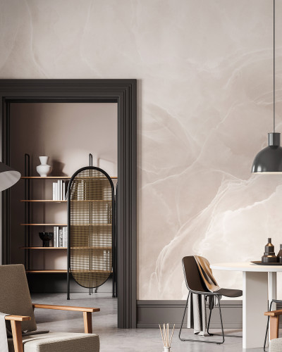 Fototapet cu aspect de marmură blush într-un living modern