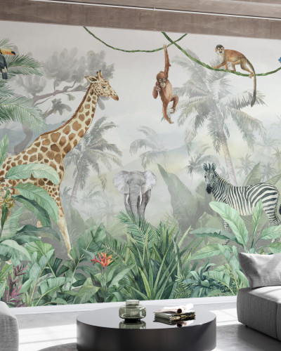 Tapet foto cu design Jungle Friends with Jungle Background, cu girafe, elefanți, zebre, maimuțe, tucani, păsări.