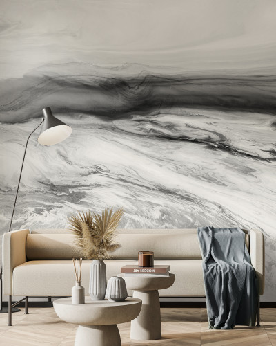 Wallpaper abstract alb-negru, cu model inspirat de apa și nisipul de pe coastă.