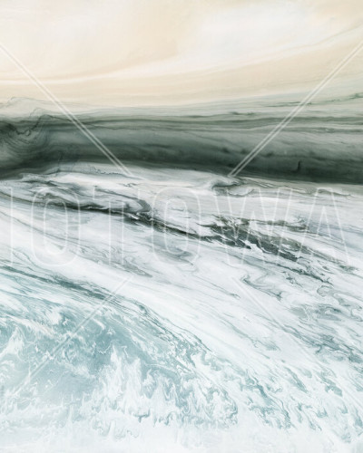 Tapet abstract High Tide, cu nuanțe de verde și alb, inspirat de valurile mării, perfect pentru a crea un punct focal în living, dormitor sau birou.