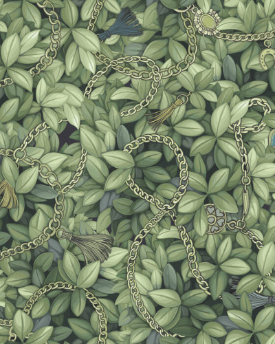Tapet Foliage Chain, cu frunze verzi și lanțuri delicate, aplicat pe un perete din sufragerie.