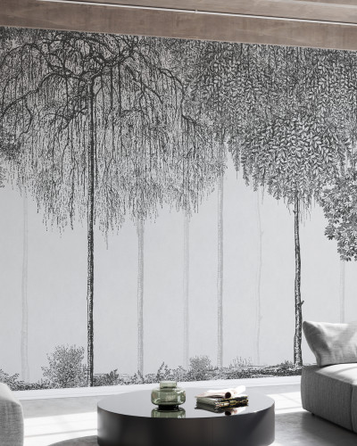 Tapet Trees Cascade, Graphite, imagine in interiorul unui living modern, cu canapea gri, masa de cafea si mobilier elegant