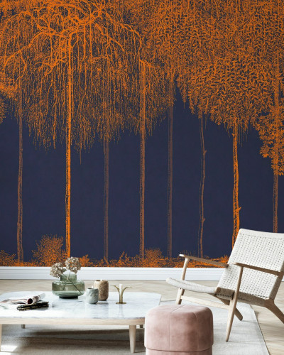 Tapet cu design abstract de copaci în culori calde, portocaliu și albastru, perfect pentru living sau dormitor