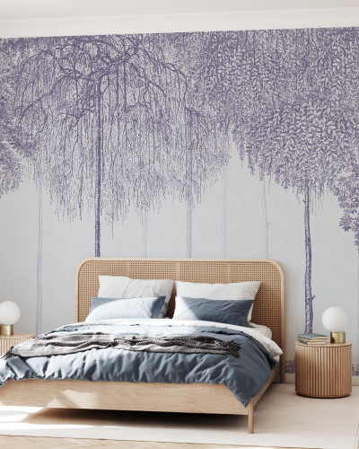 Tapet cu design de copaci in nuante de lavanda, Trees Cascade, Lavender.