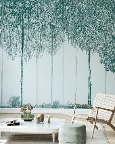 Tapet cu design elegant si modern, cu arbori in tonuri de verde turcoaz.