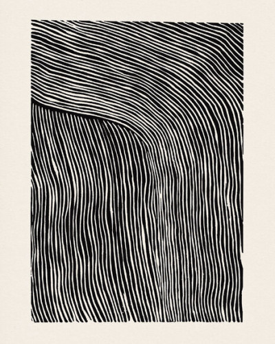 Tapet Stripes Linocut, Black, cu un model minimalist cu dungi curbate, în tonuri de alb și negru