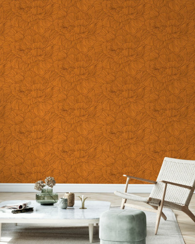 Tapet floral abstract, cu petale delicate în nuanțe de portocaliu puternic, ideal pentru a adăuga o notă de eleganță și rafinament spațiului dumneavoastră.