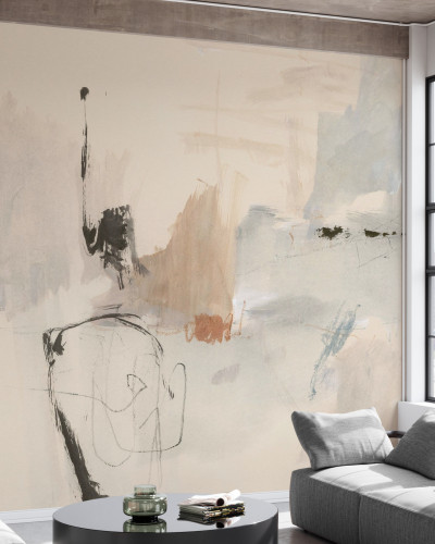 Fototapet abstract în nuanțe de bej și gri, într-un living modern