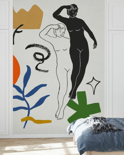 Tapet abstract Starry Venus cu femei în mișcare, flori și forme geometrice.