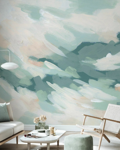 Tapet abstract cu nuanțe de verde și alb,  Seafoam Cloudbank