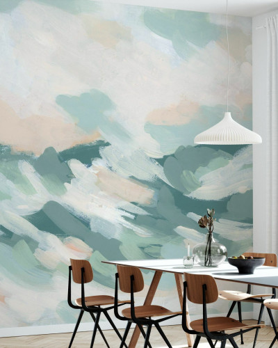 Tapet abstract cu nuanțe de verde turcoaz și roz, perfect pentru un decor modern și relaxant.