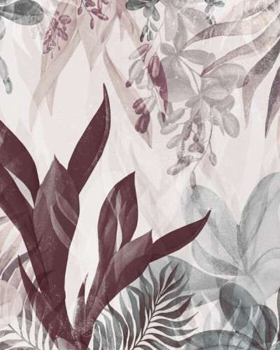 Leafy Greenery, Burgundy Bordeaux, Photowall