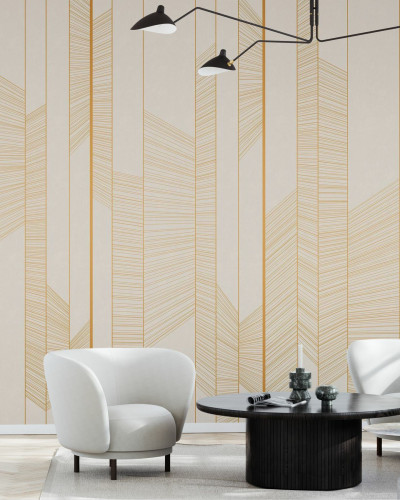 Tapet cu linii subtiri aurii pe un fundal crem. Design minimalist si modern, perfect pentru un living, o camera de zi sau un dormitor.
