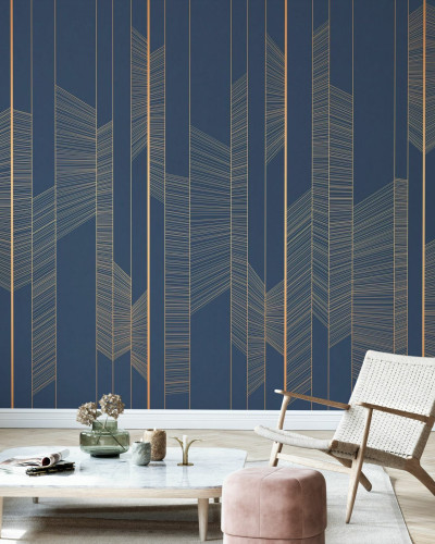 Tapet cu linii fine de aur pe un fundal albastru marin, design geometric contemporan